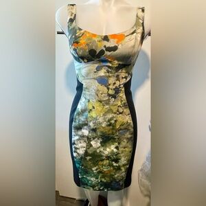 Black Halo Sadie Watercolor Blue and Green Abstract Print Knee-Length Dress sz 4